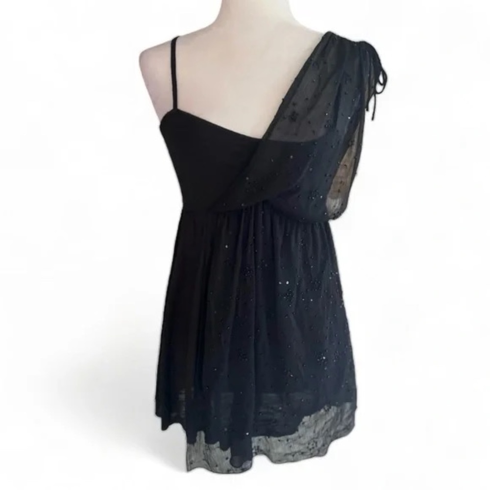 Free People Black Beaded One-Shoulder Babydoll Top - Flowy Gauze - Size M